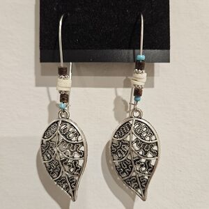Source Unknown Silver Leaf Drop Earrings with Turquoise and Cream Beads
